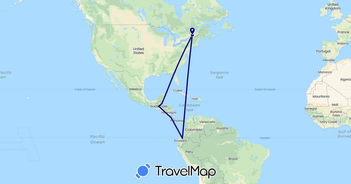 TravelMap itinerary: driving in Belize, Canada, Costa Rica, Ecuador, Guatemala, Mexico (North America, South America)